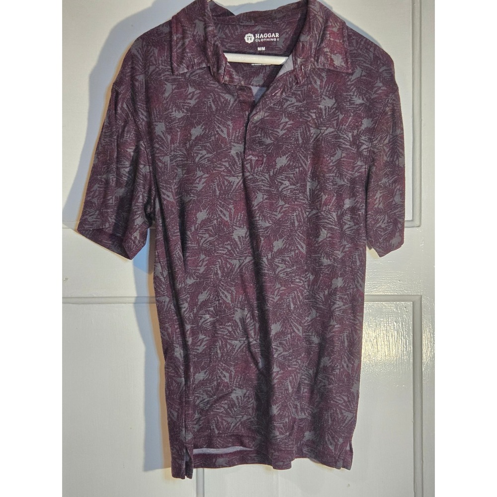 Haggar Men Burgundy Grey Tropical Palm Leaf Print Polo Shirt Medium Short Sleeve